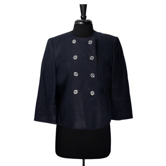 Ralph Lauren Women's Blazer Navy Blue Linen Double Breasted Work Suit Jacket 10 - Picture 1 of 8
